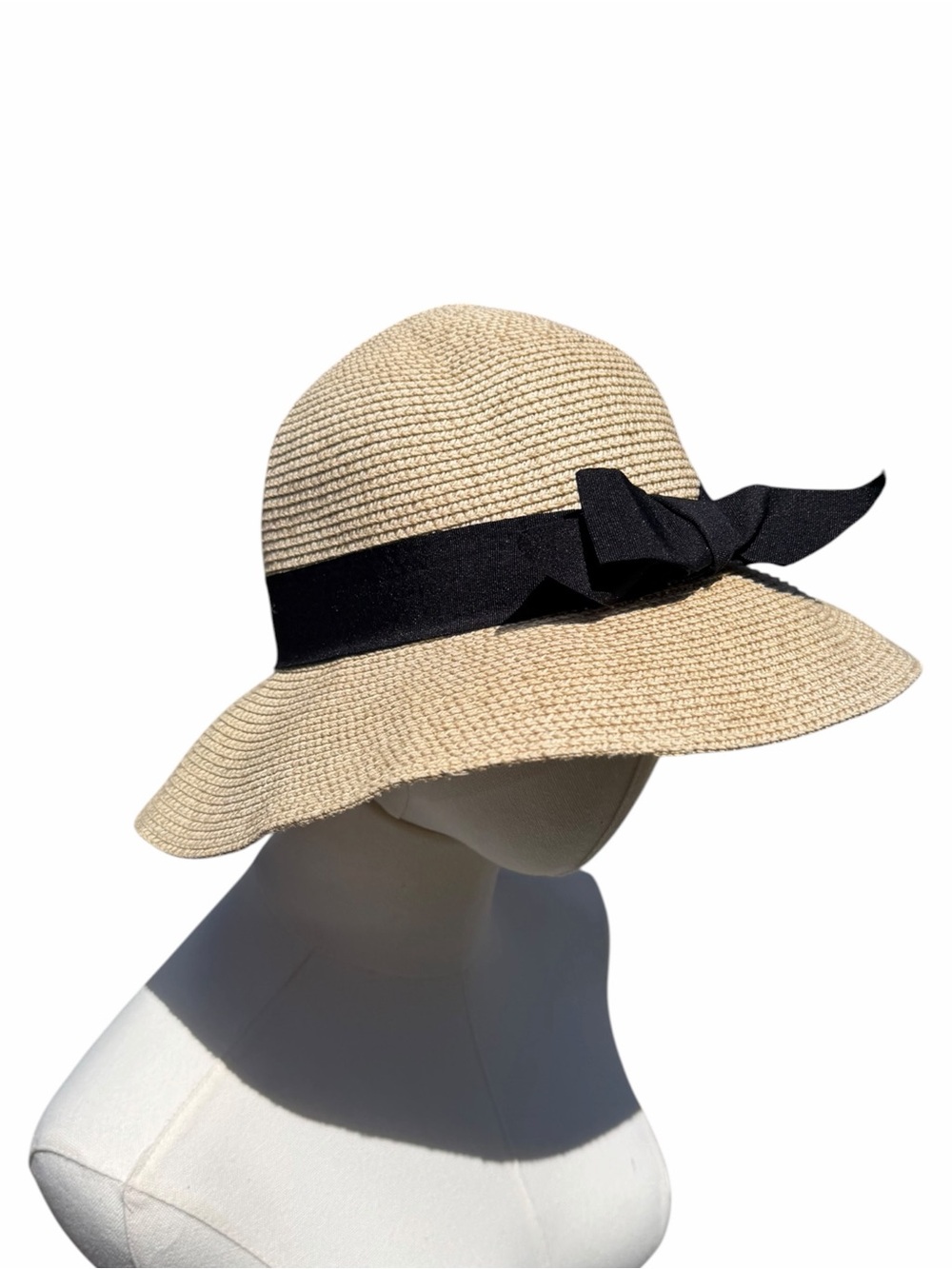 FURTALK Women’s Sun Hat Size M Beige Black Bow Wide Brim Straw Beach Coastal